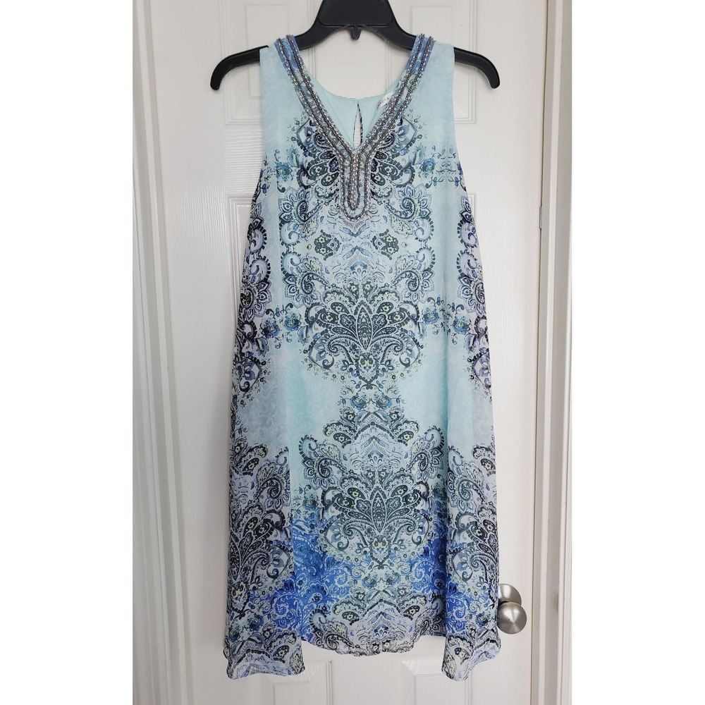 Sandra Darren Aqua Blue Beaded‎ Wedding Guest Dress Paisley Sleeveless 12